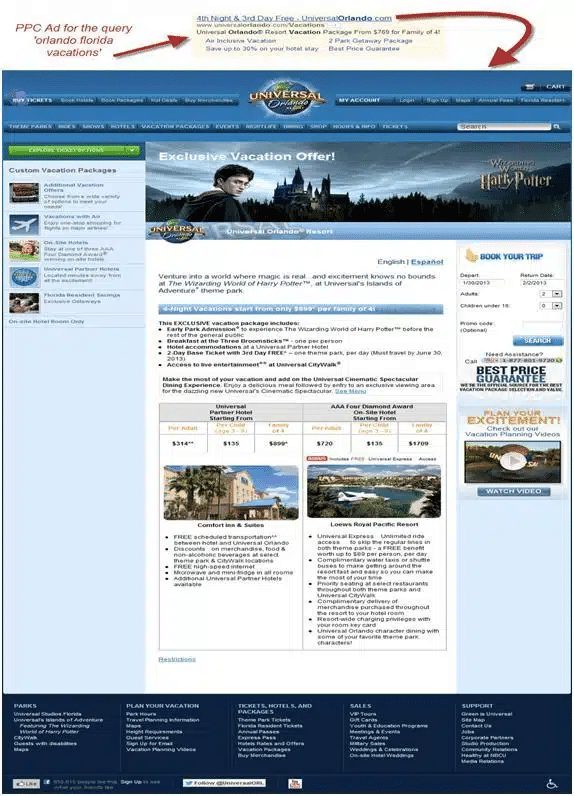 universal-orlando - Invesp poor example of a website maintaining scent and relevance
